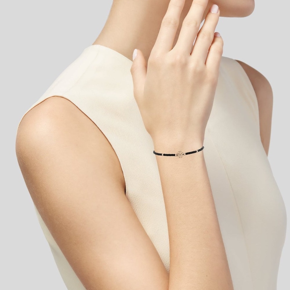 NWT Tory Burch Black Textured Rope Logo Adjustable Slider Bracelet Gold Black